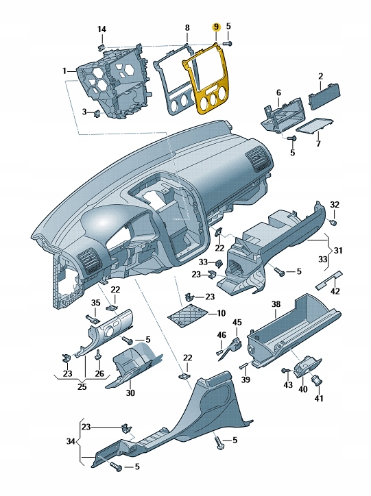 RAMKA KONSOLI ŚRODKOWEJ VOLKSWAGEN GOLF V OE Jakość części (zgodnie z GVO) O - oryginał z logo producenta pojazdu (OE)
