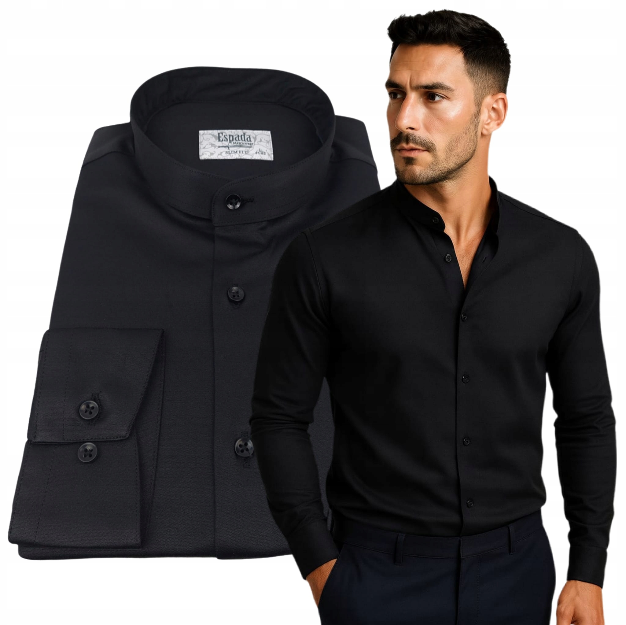 Pánská košile se stojáčkem Černá Bavlněná Návštěvnická Elegantní Slim vel. L
