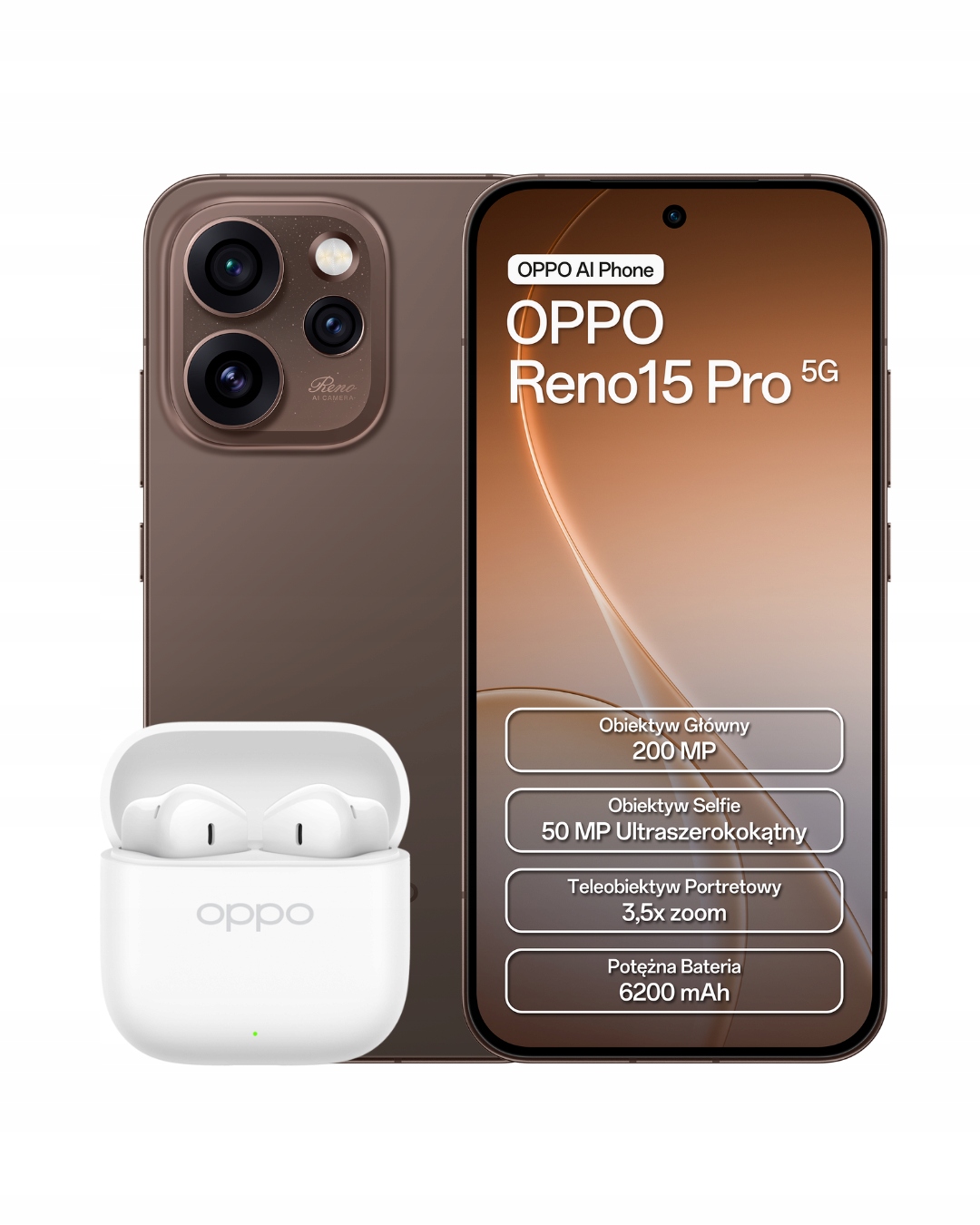 Smartfon Oppo Reno15 Pro 5G 12/512 Gb brązowy Słuchawki Oppo Enco Buds 3