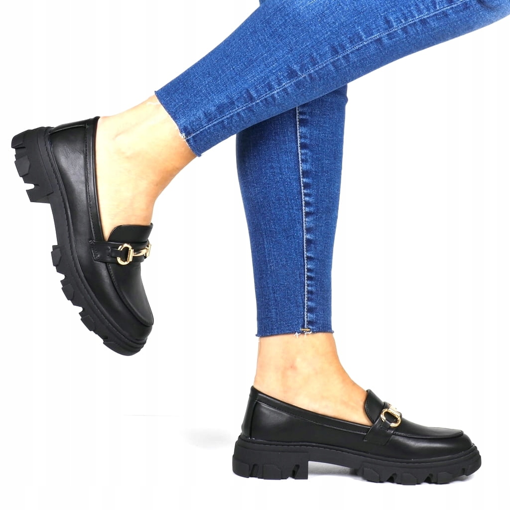 DAMSKIE MOKASYNY LORDSY EKO SKÓRA PÓŁBUTY ZE SPRZĄCZKĄ CZARNE MAT WYGODNE