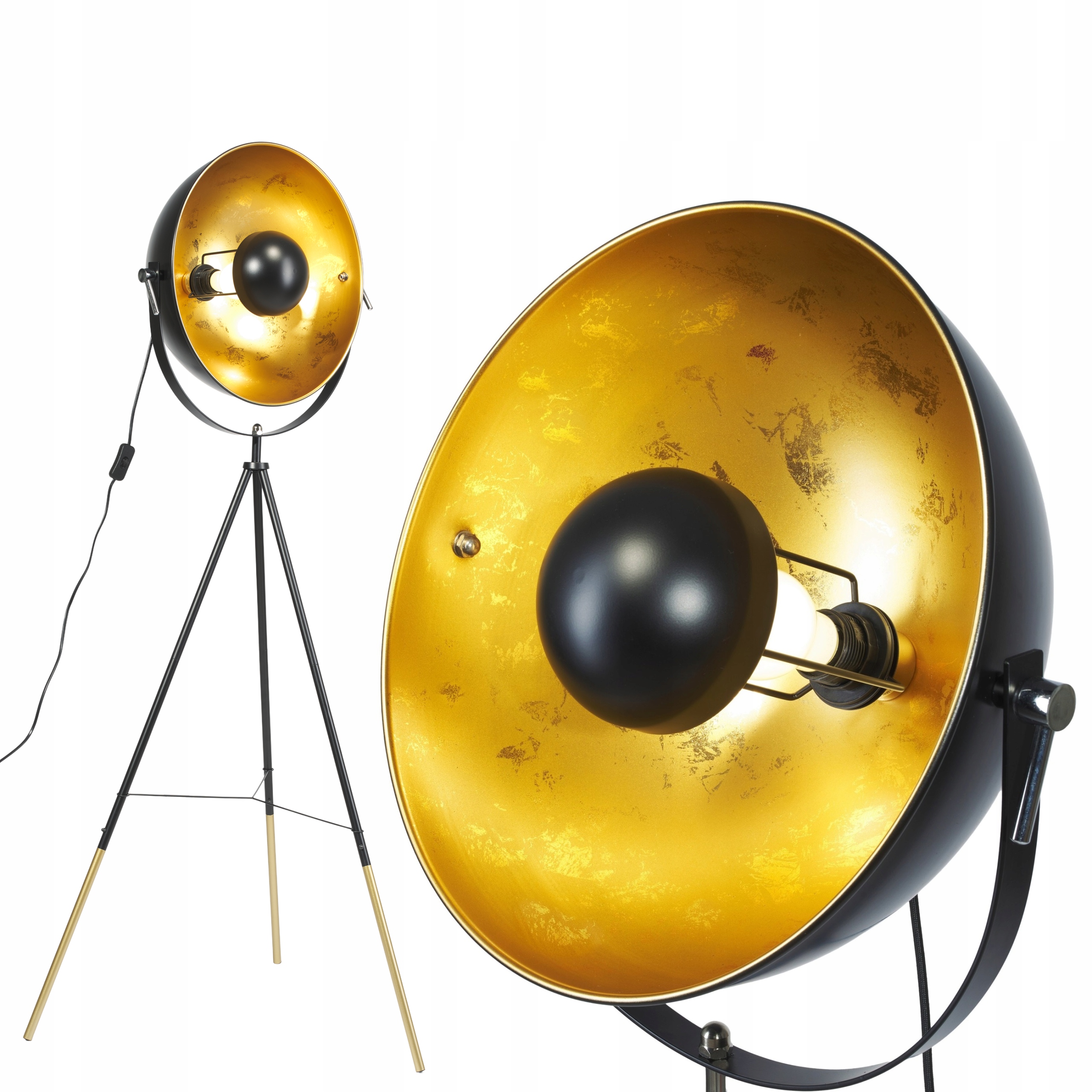 Lampa Podłogowa Stojąca Czarna Złota Loft Do Salonu Trójnóg Klosz Reflektor