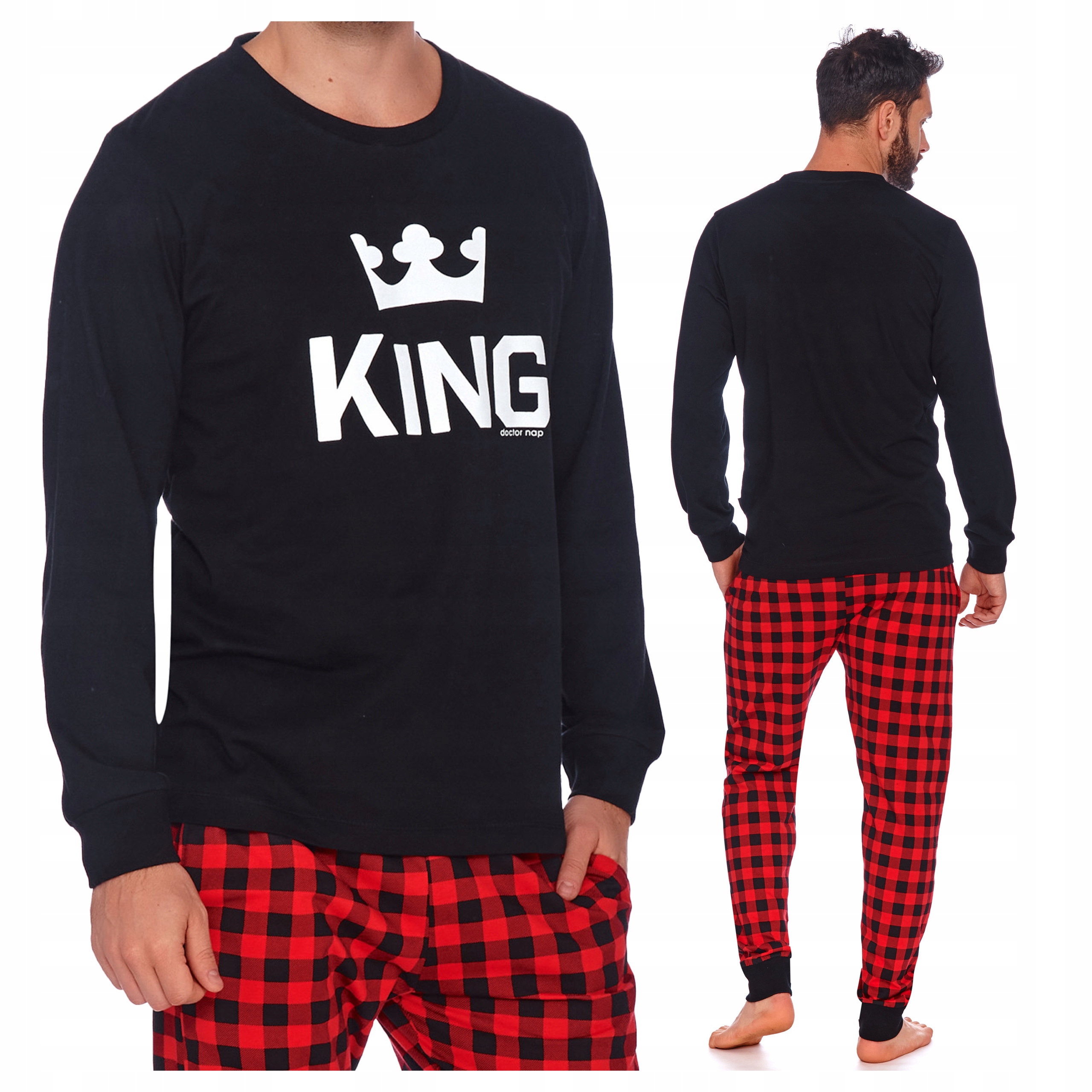 Dlouhé pánské pyžamo s kostkovaným vzorem a náplety King 100% Bavlna Černé XXL