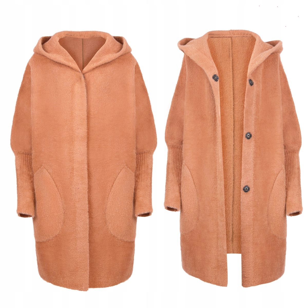Alpaka Teplý Vlněný Kabát Oversize Kapuce Camel