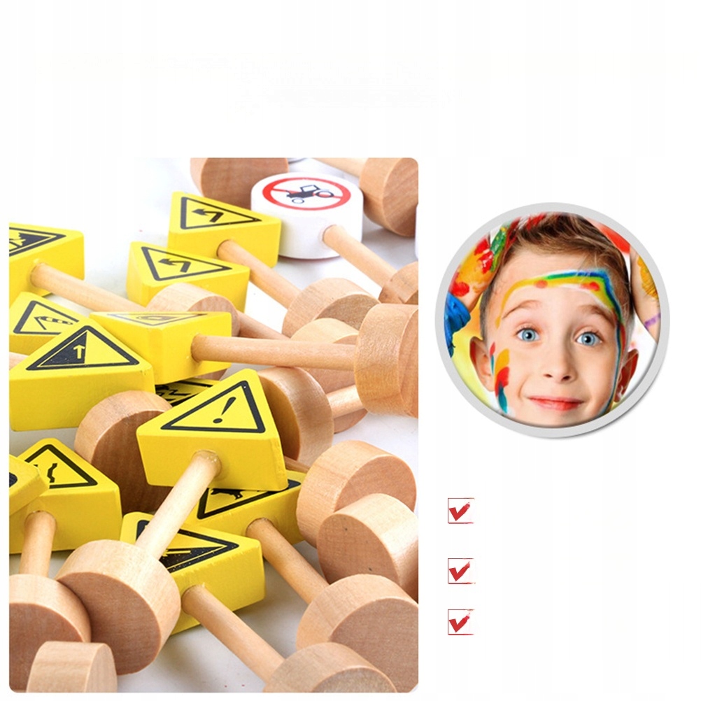 ZESTAW DREWNIANYCH TABLIC DROGOWYCH DZIECI I ZABAWA Kolor dominujący odcienie brązu i beżu