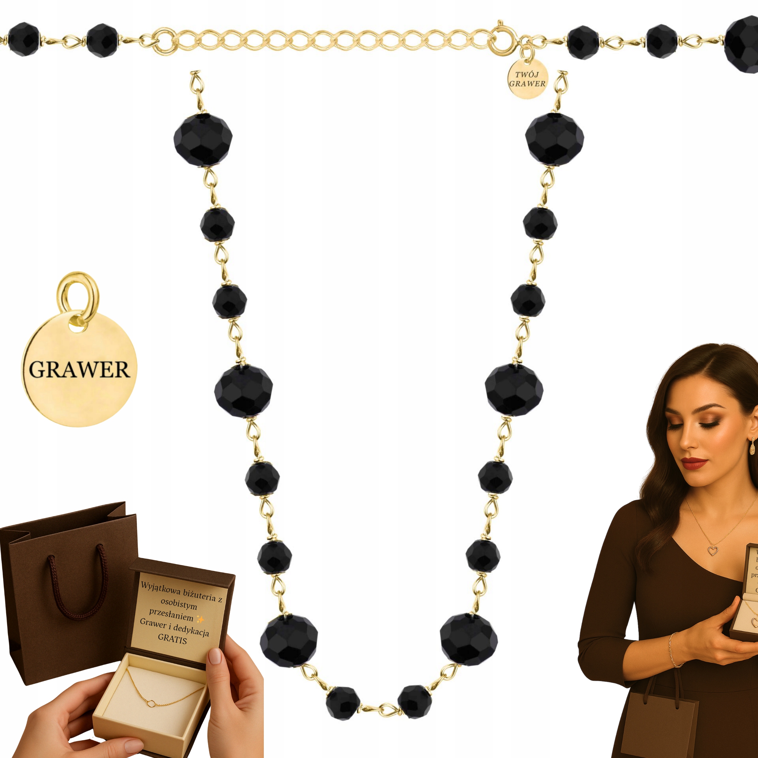 Zlatý Řetízek S Přírodními Černými Kameny Onyx 585/925– 1,1 MM