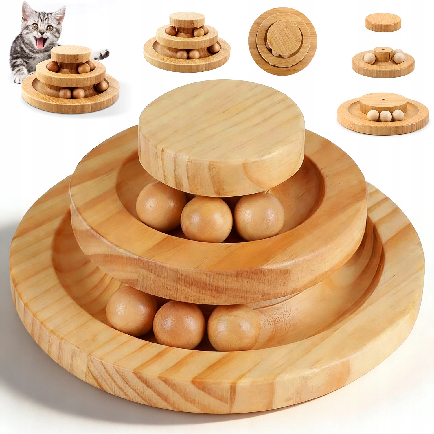 Levně Hračka Z Přírodního Dřeva Pro Kočky, Kuličky Na Kolečkách, Dvouvrstvá