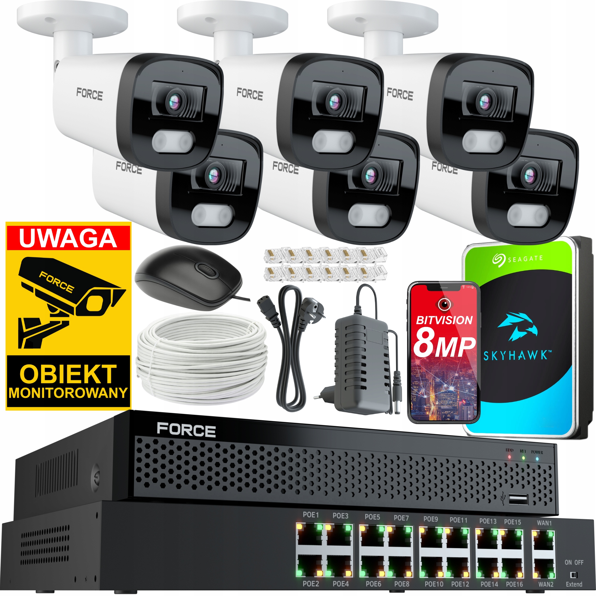 Force Monitorovací sada 6x Ip kamera 8MPx 4K, Disk 1TB Switch Poe 16CH