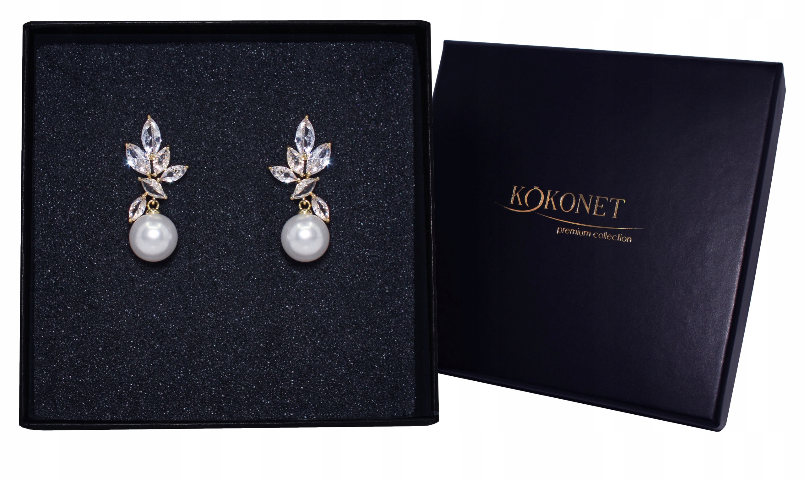 Wiszące złote kolczyki kryształki perełki glam boho