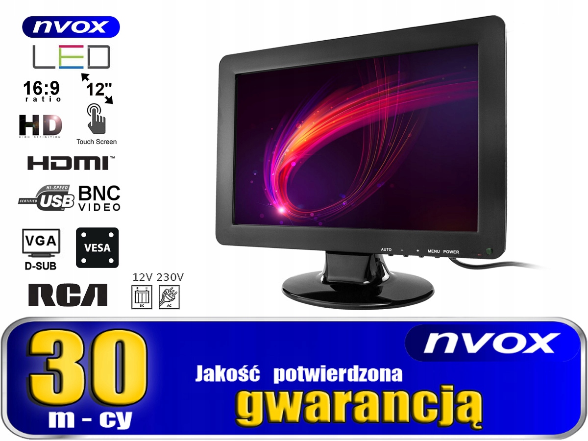 NVOX Monitor dotykowy 12'' open frame LED BNC HDMI Kolor czarny