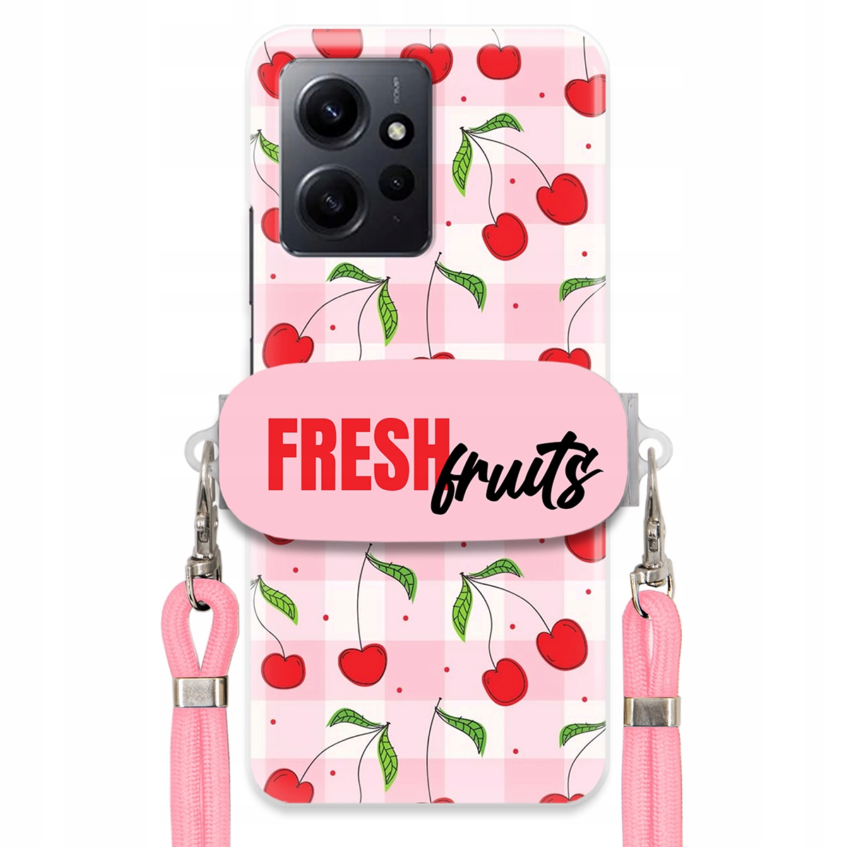 Puzdro pre Xiaomi Redmi Note 12 4G Držiak na šnúrku Ružový Fresh Fruits Mriežka