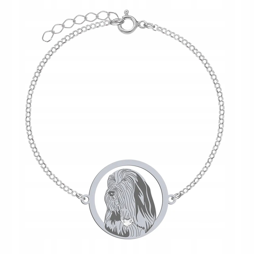 Stříbrný náramek s psem Bearded Collie 925 Dárek Žena Gravírování