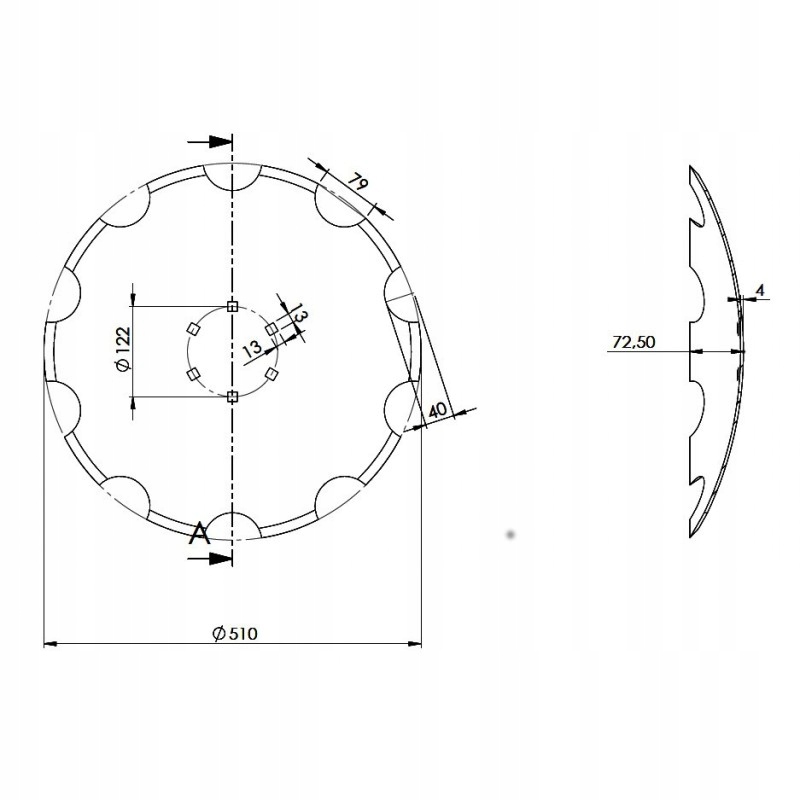Talíř pro talířový agregát, ozubený 510 mm, 6 otvorů, tloušťka 4 mm