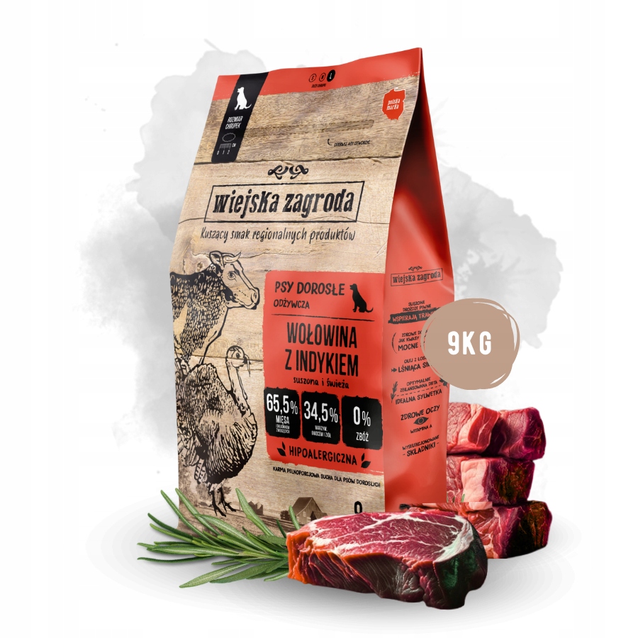 Levně Wiejska Zagroda krmivo pro psy Hovězí Maso s Krůtím Masem Křupky L 9 kg