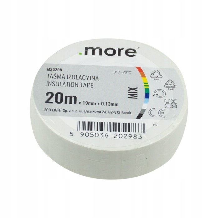 TAŚMA PCV IZOLACYJNA 19MM 20M BIAŁA MIĘKKA