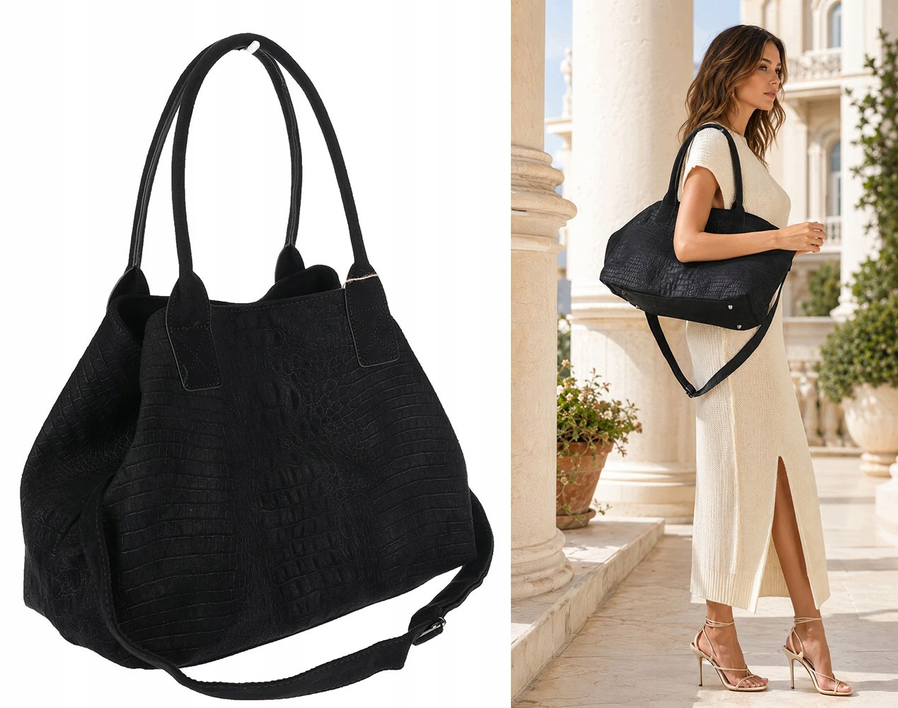 Dámská shopper kabelka semišová módní lehká taška pásek L540 Černá