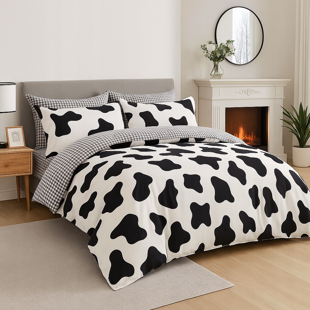 3dílná sada povlečení na peřinu s potiskem černé krávy, 100% bavlna, do ložnice 220x200 cm