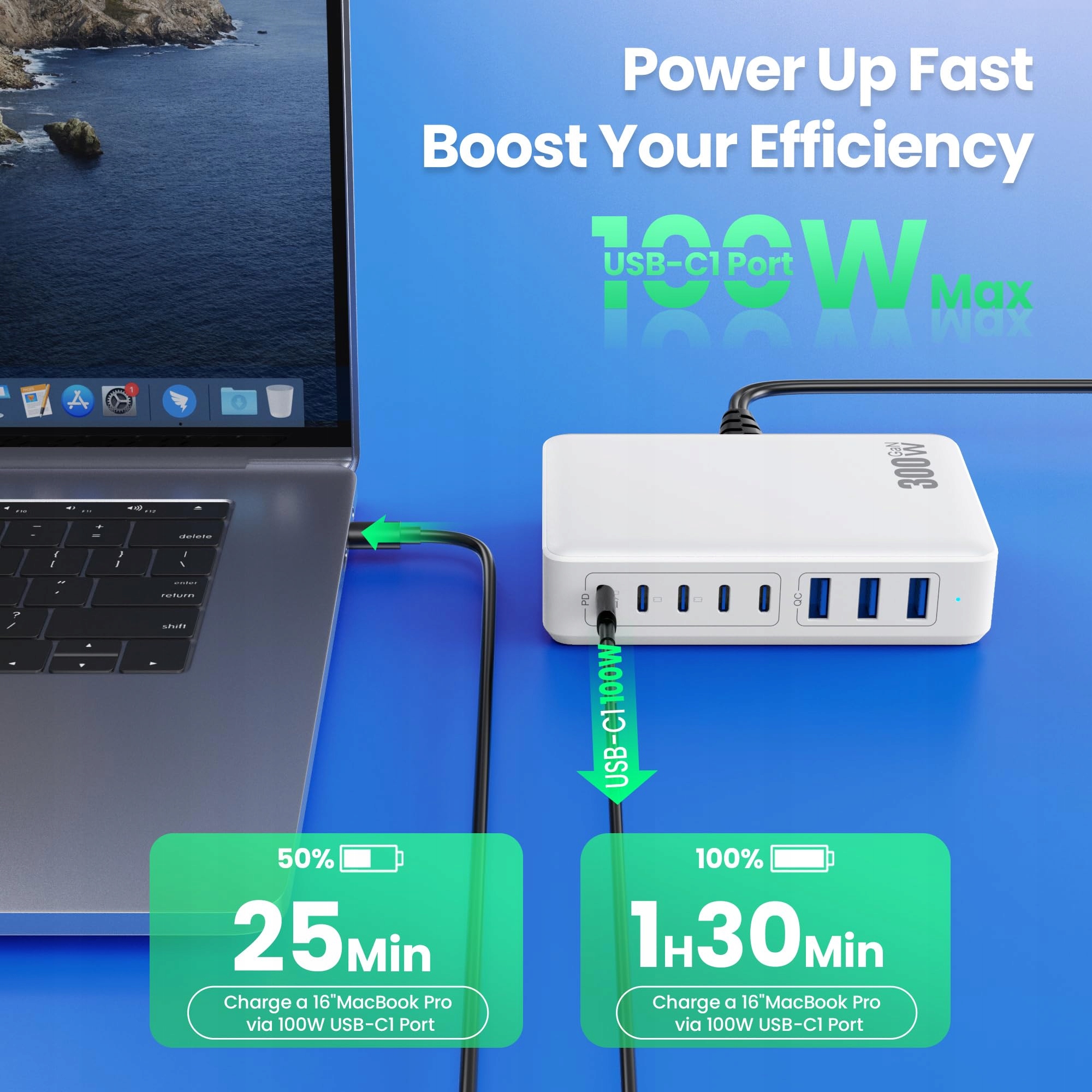 QODJN Ładowarka USB C 300W 8 Portów Szybkie Ładowanie Laptop MacBook iPhone — miniatura 6