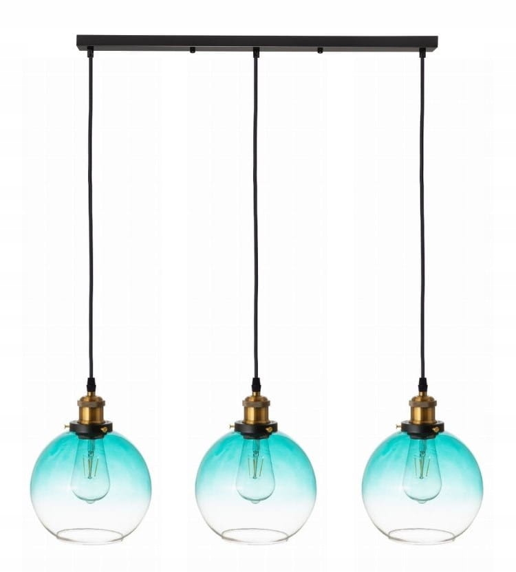 Závesná lampa na lište trojitá Kula sklenená modrá