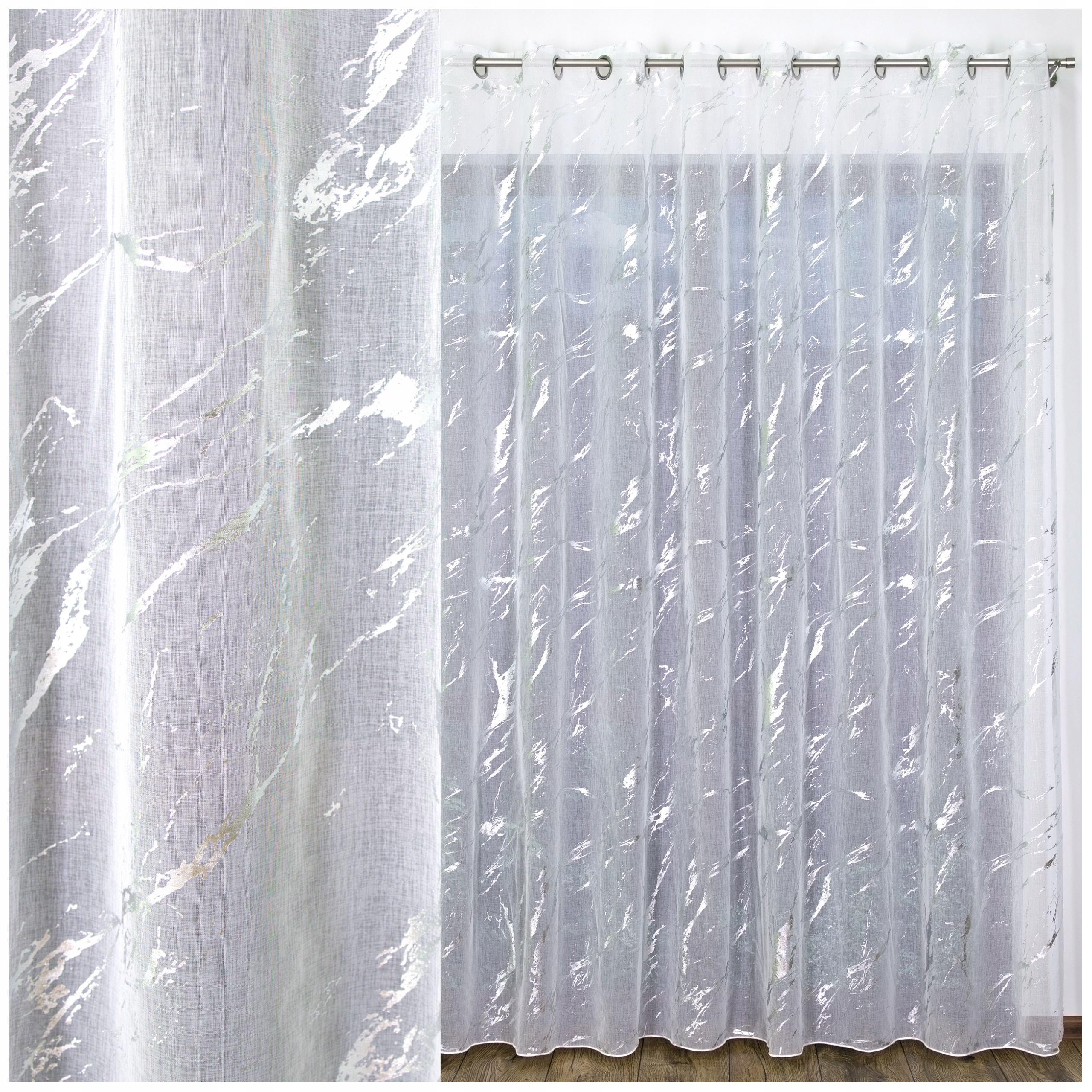 Mramorová Záclona Helena, stříbrný potisk, sýrová látka s olovem, 250x280 oka