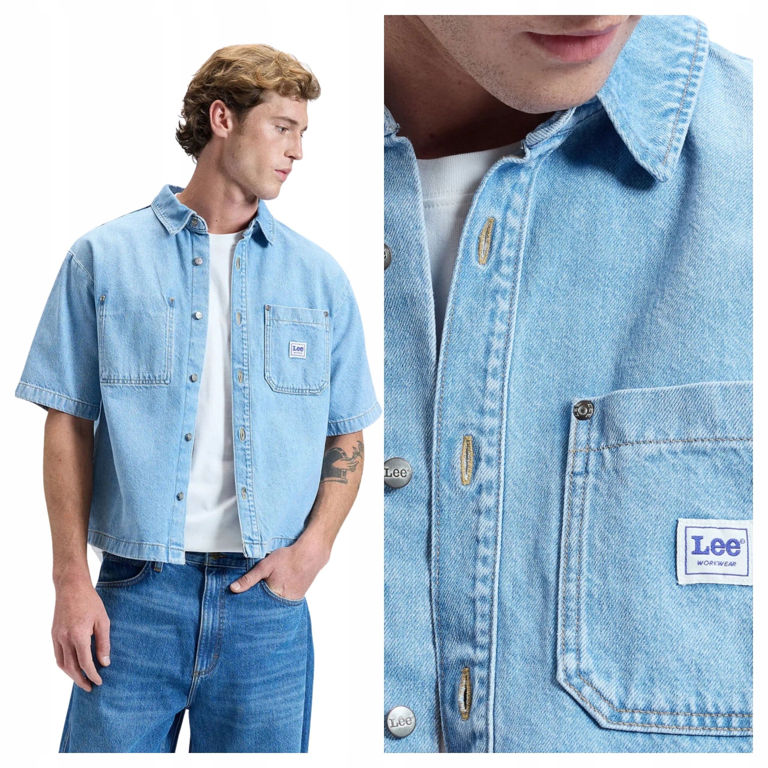 Pánská košile Lee Ss Workwear Modrá s krátkým rukávem, bavlněná, velikost XL