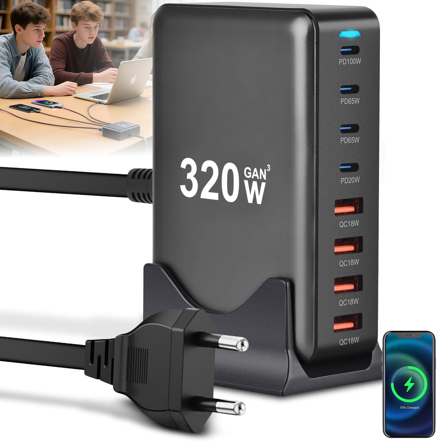 Stacja Szybkiego Ładowania 320W 4X Type-c 4X Usb-a Do Telefonu I Laptopa