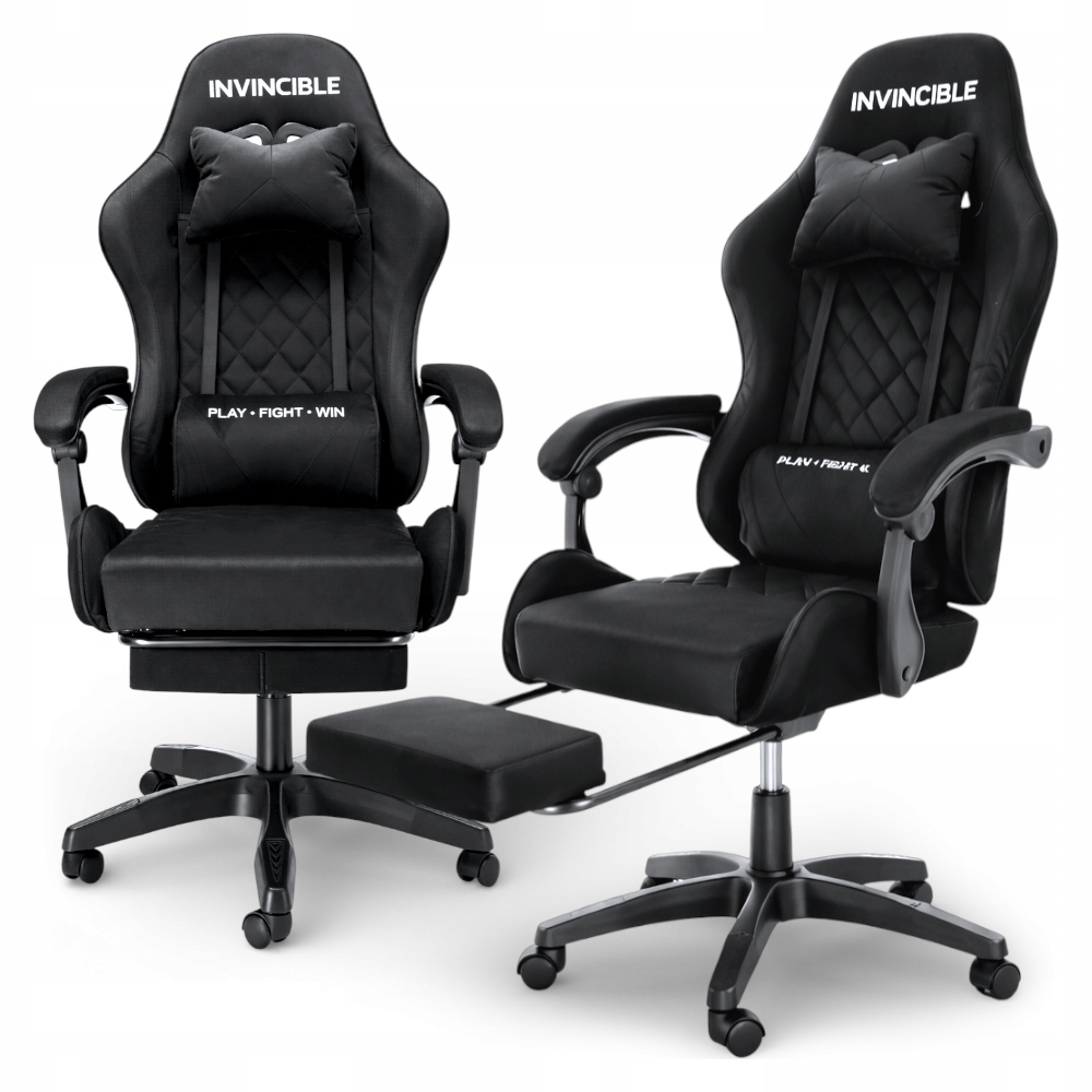 Fotel gamingowy kubełkowy Invincible czarny welur regulowany poduszki