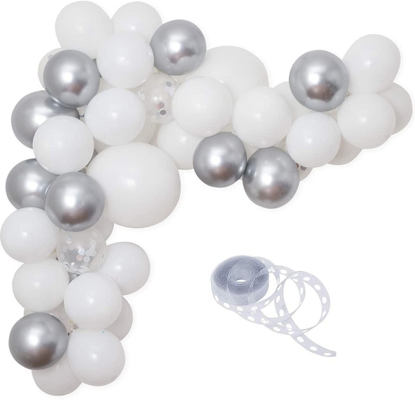 

Balony Srebrne Białe z konfetti Girlanda z taśmą