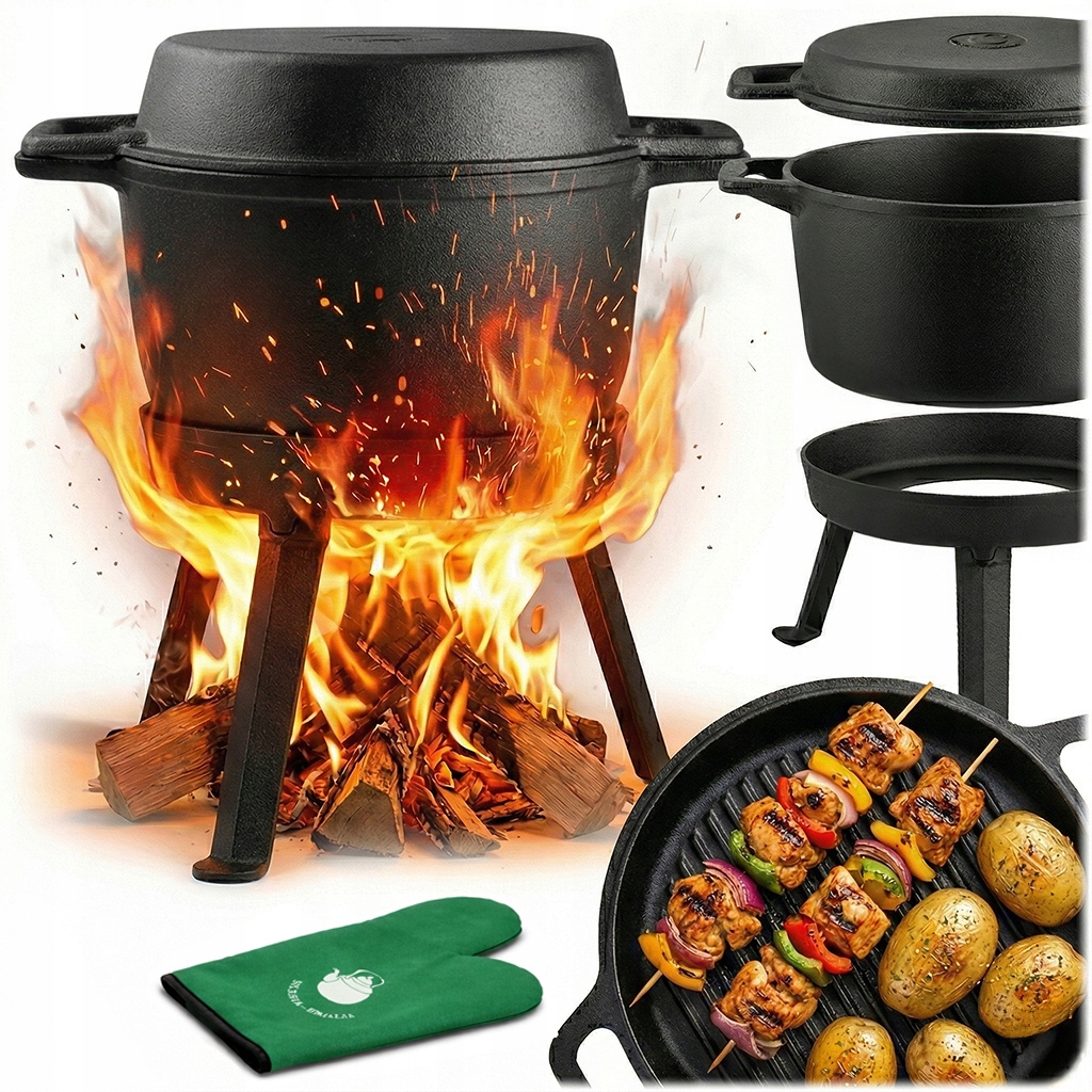 KOCIOŁEK ŻELIWNY 3 CZĘŚCIOWY 10L garnek + PATELNIA GRILL + RĘKAWICA gratis