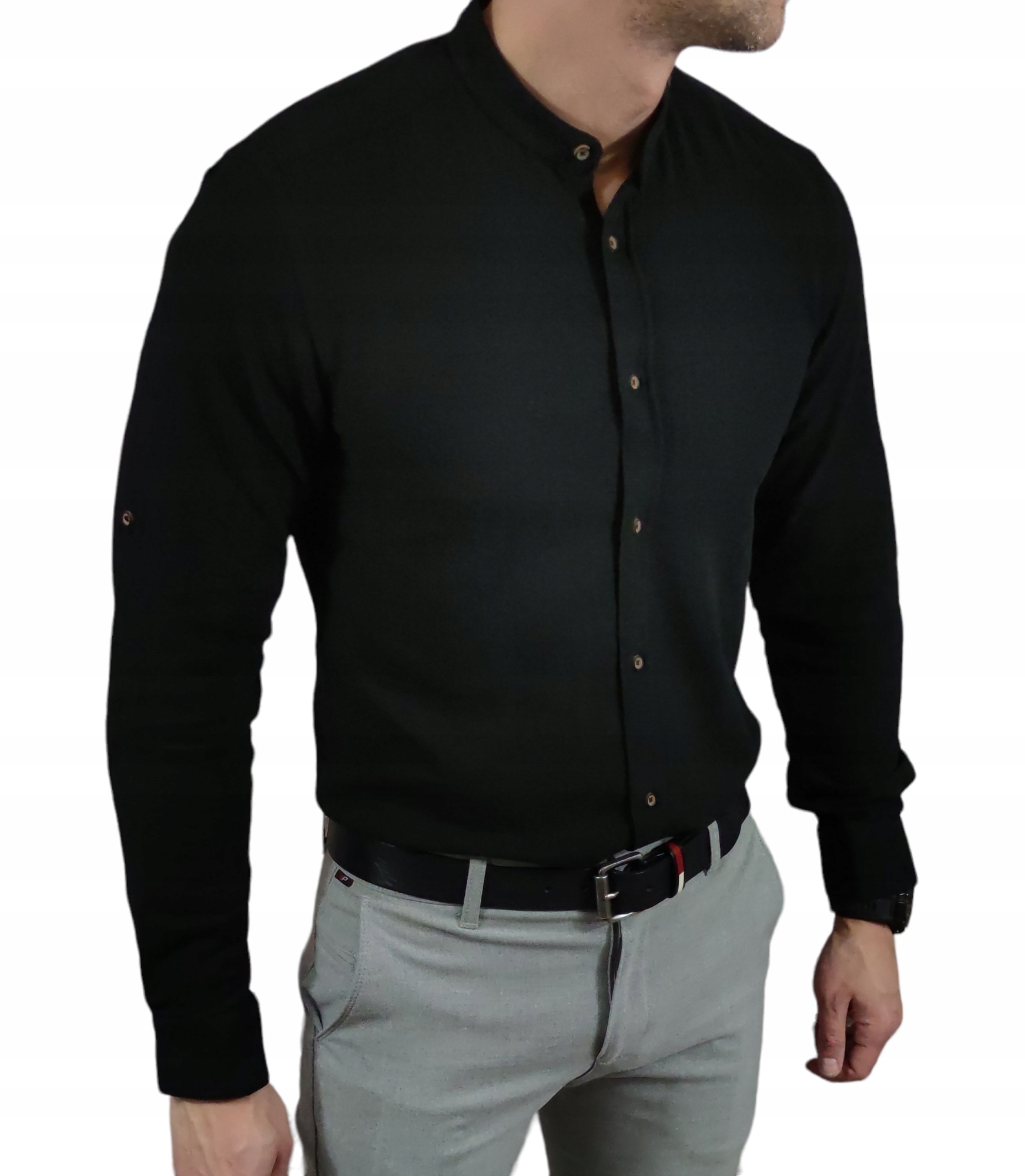 Košile lněná tkanina silnější se stojáčkem slim fit černá ESP010 XXL