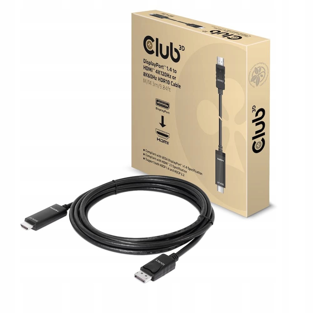 Club3D kabel Dp 1.4 na Hdmi, 4K120Hz nebo 8K60Hz HDR10, M/M, 3m