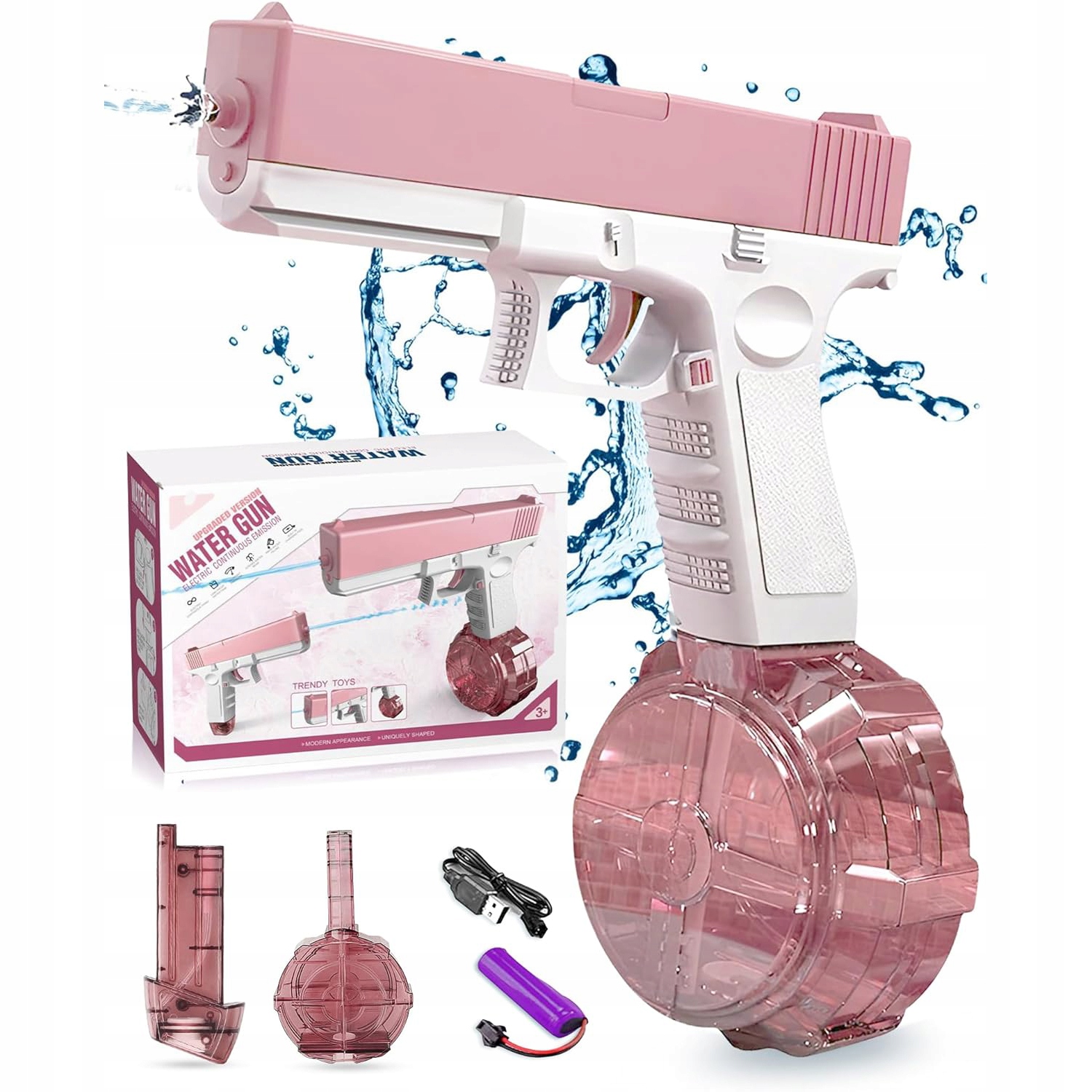 PISTOLET NA WODĘ ELEKTRYCZNY AUTOMATYCZNY DWA MAGAZYNKI 434+58CC RÓŻOWY