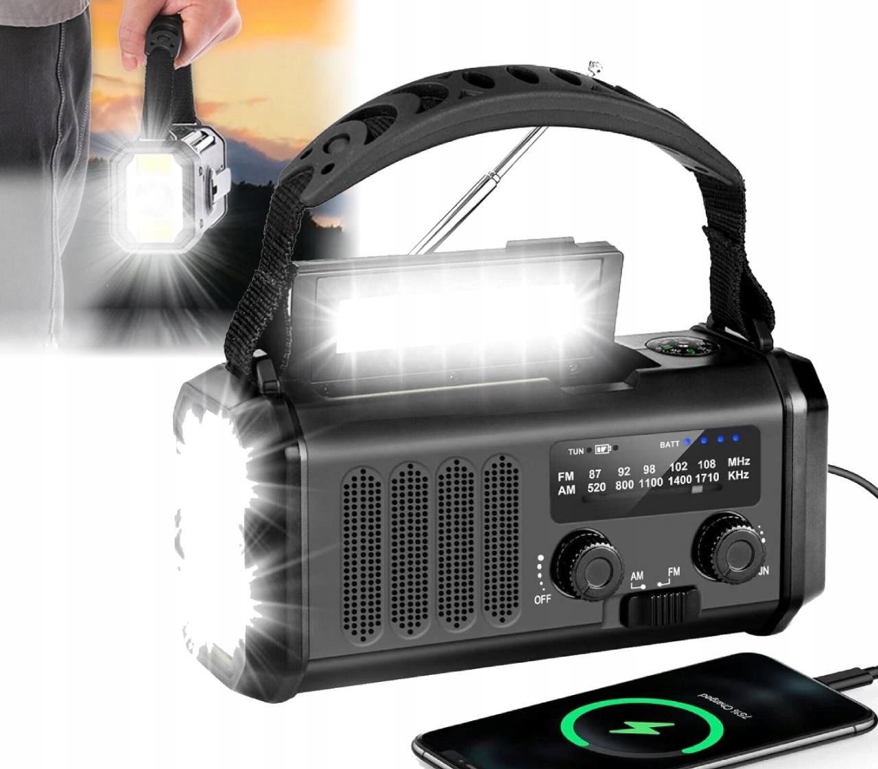 Přenosné Solární Rádio Korbka Alarm Dynamo Nouzová Svítilna 10000 mAh