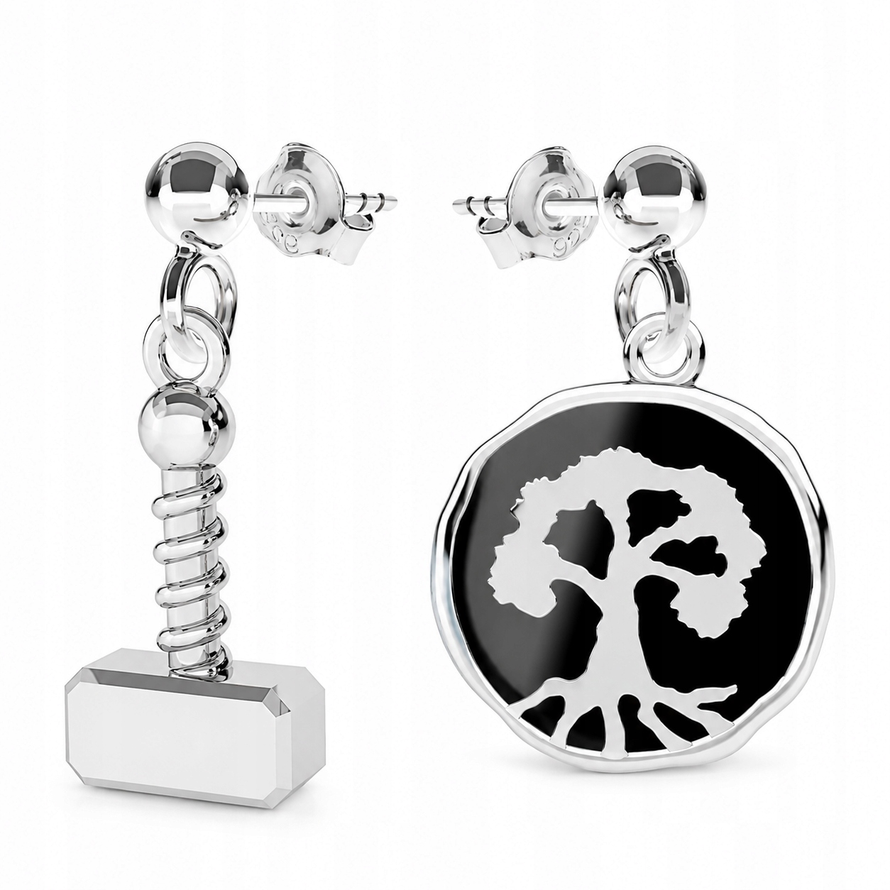 Yggdrasil Kladivo Mjolnir Wiking Asymetrické náušnice tyčinka stříbro 925