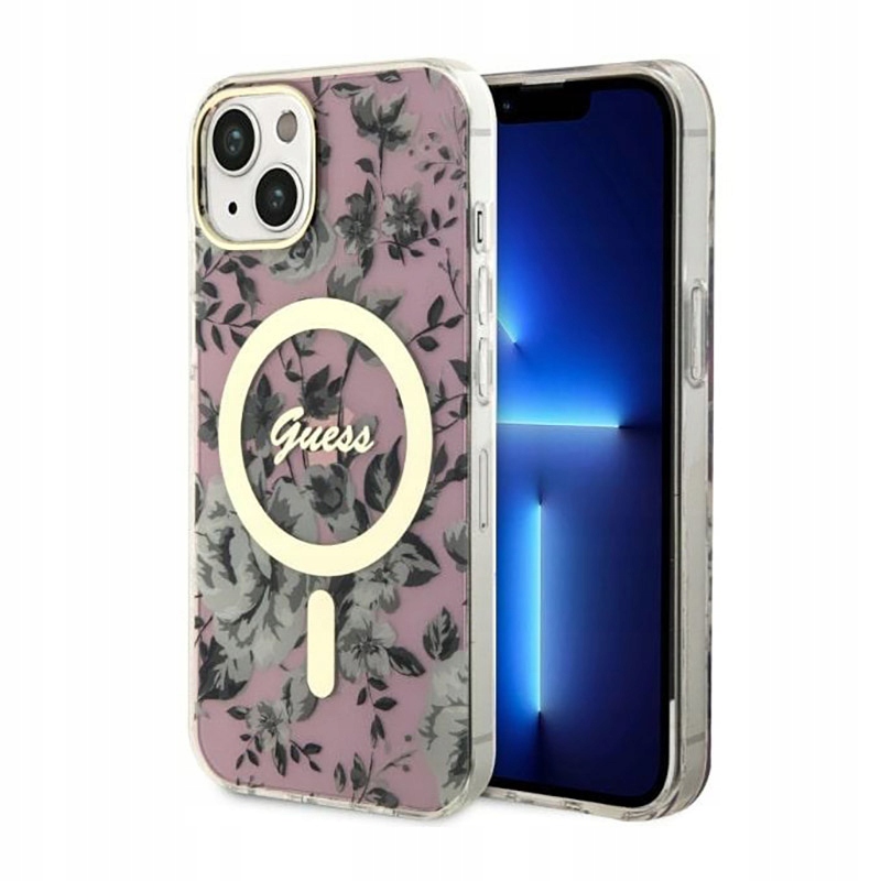 Guess Flower MagSafe – Pouzdro pro iPhone 14 (růžové)