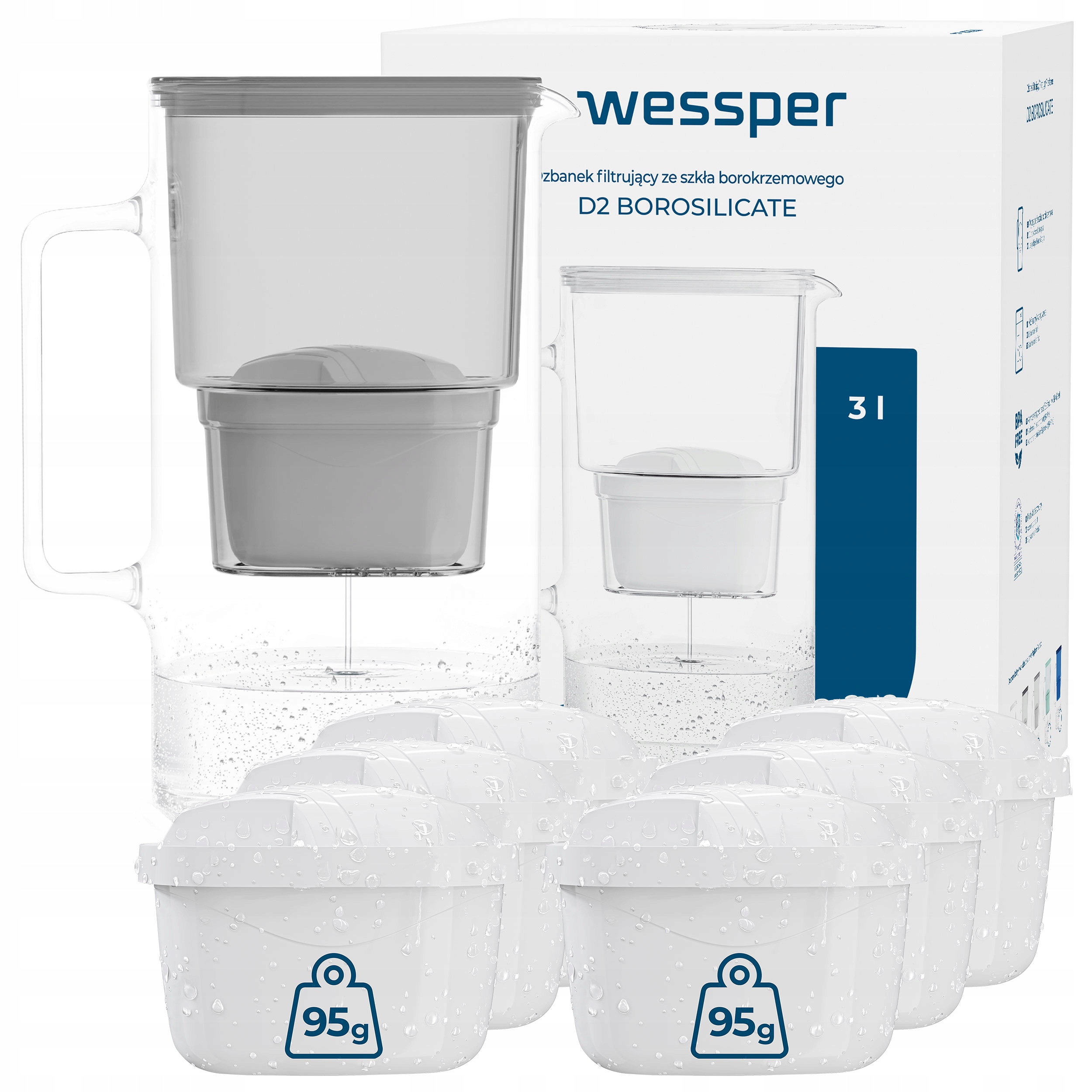 Skleněná Konvice Wessper D2 Borosilicate 3 l 7 x Filtrační Vložka Na Vodu Wessper