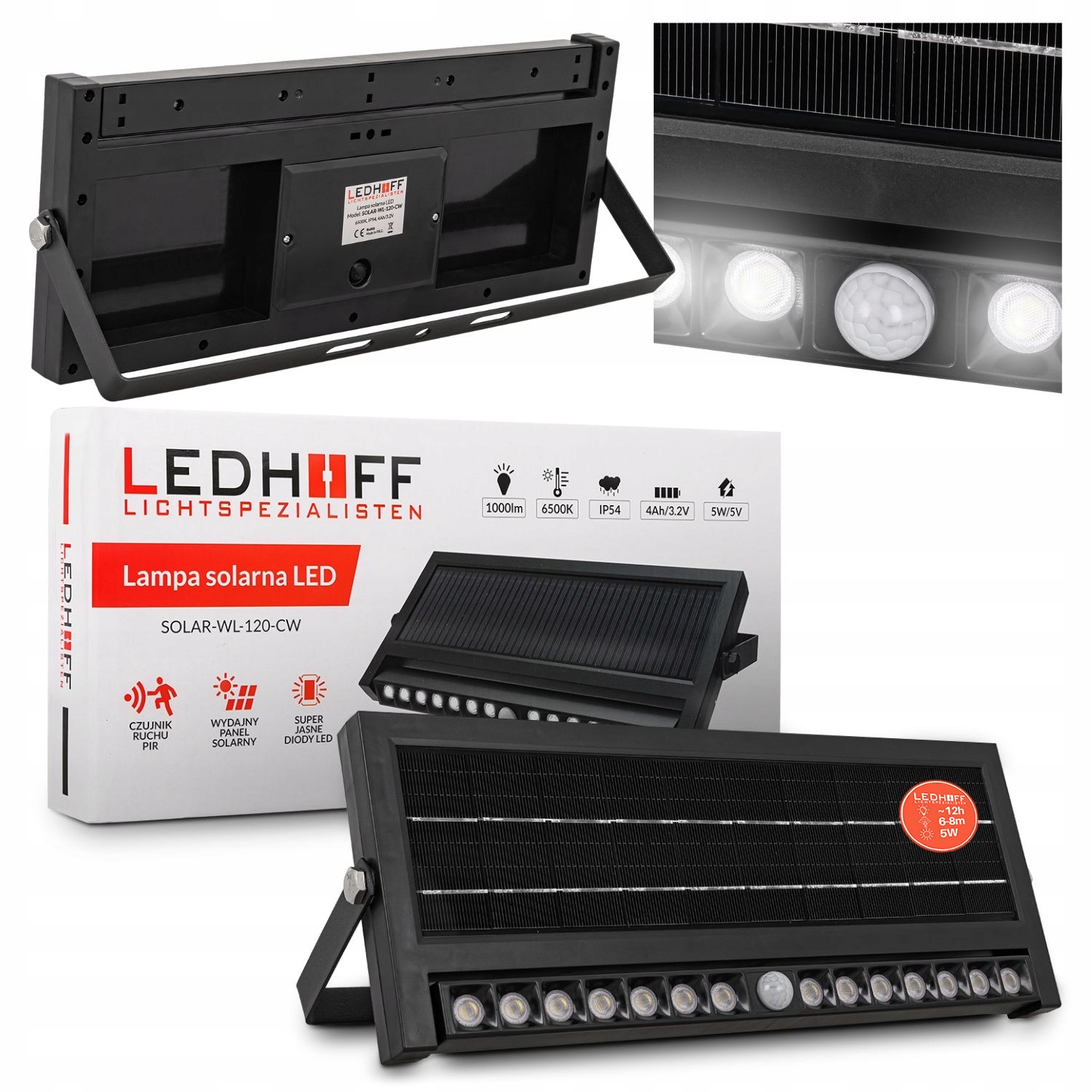 Lampa solarna z czujnikiem Ruchu zmierzchu Led Halogen 3 tryby Elewacyjna