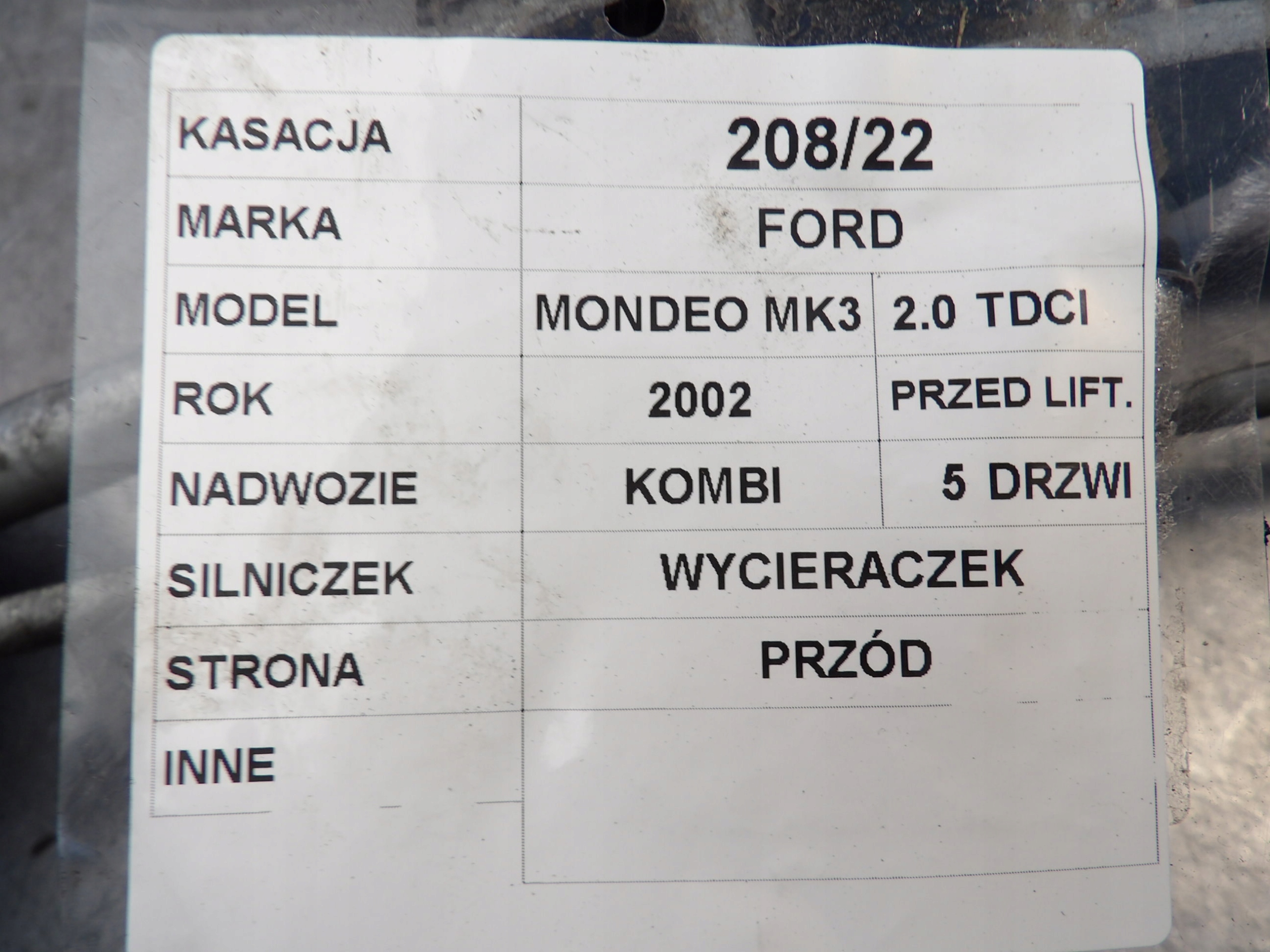 MÉCANISME WYCIER. AVANT FORD MONDEO MK3 0390241702