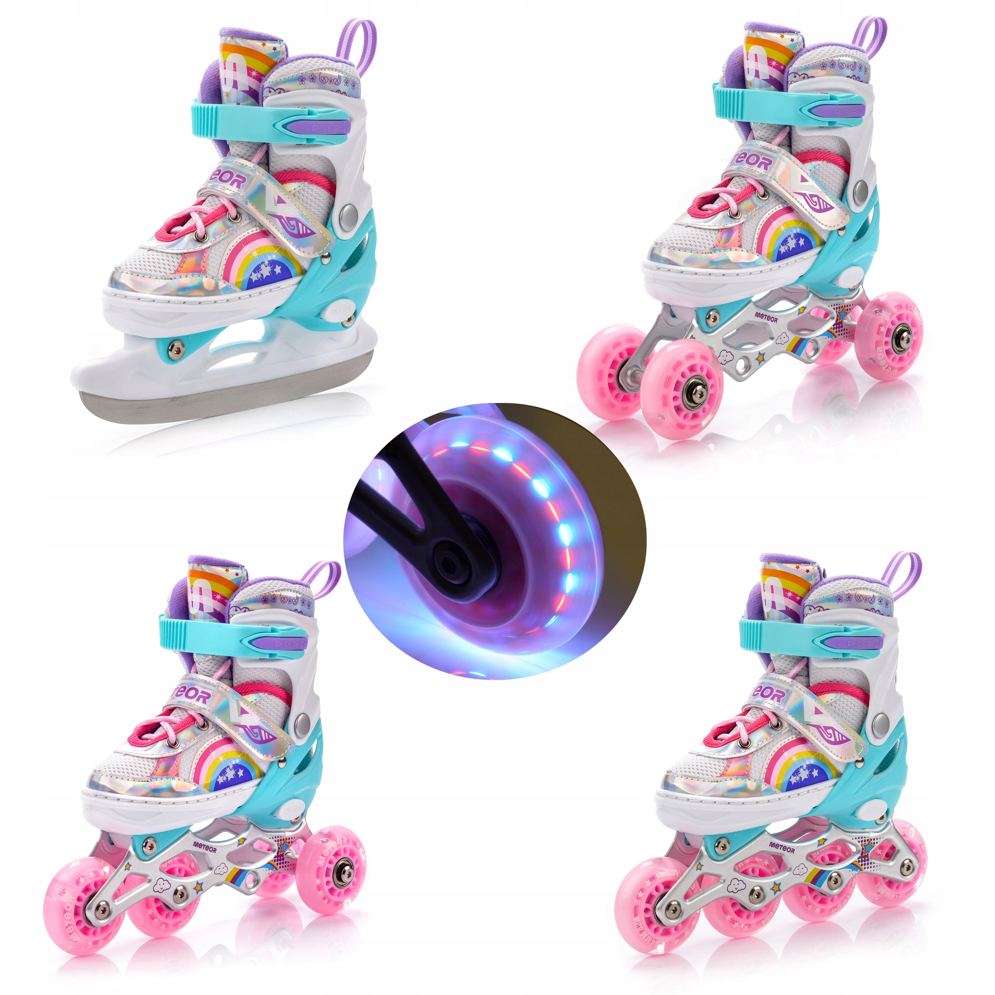 Kolečkové Brusle 4v1 nastavitelné Led kombinované brusle: na led, inline, kolečkové Meteor velikost S 30-33