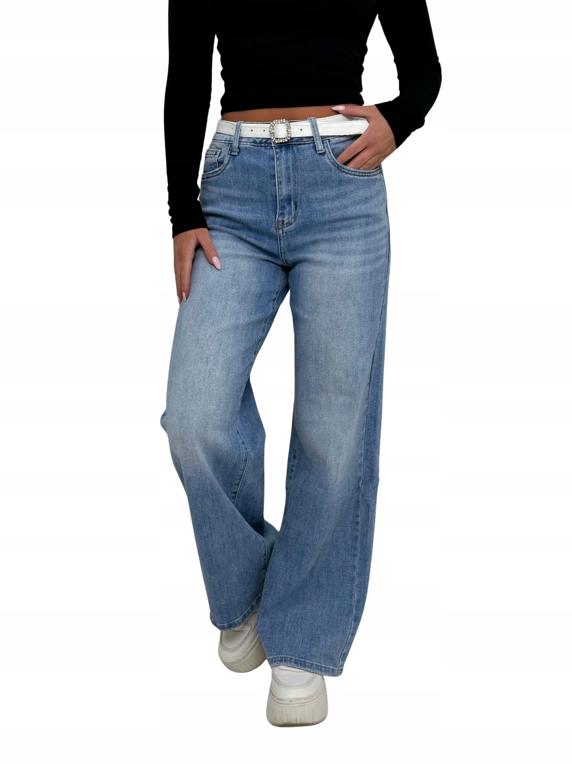 Spodnie damskie szwedy jeansowe M.Sara niebieskie z białym paskiem XL