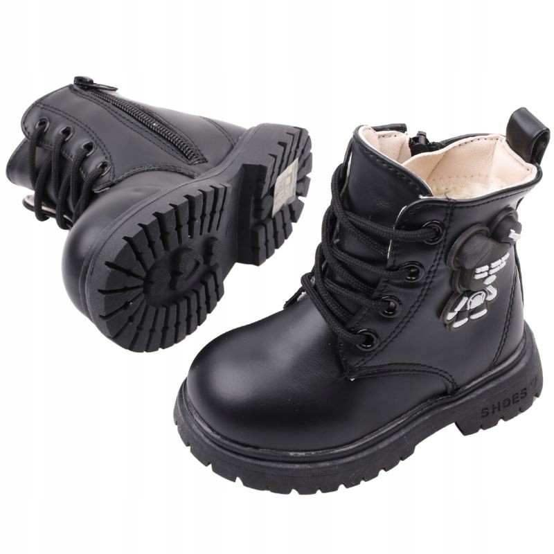 BOTKI DZIEWCZĘCE OCIEPLANE TRAPERY BUTY ZIMOWE ŚNIEGOWCE SUWAKI CZARNE