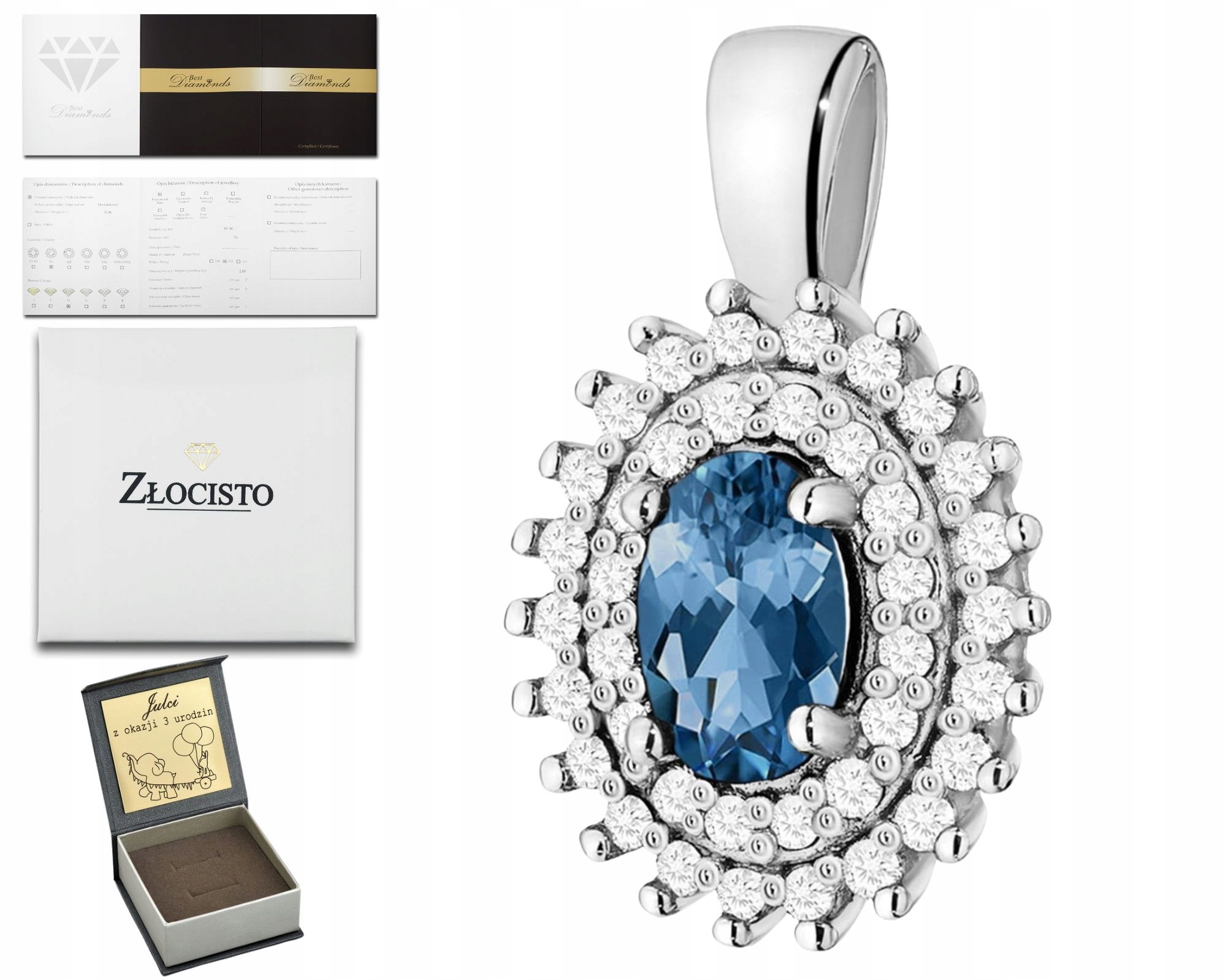 Bílé Zlato Elegantní Přívěsek Topaz London Blue Diamanty 585 14K Dárek