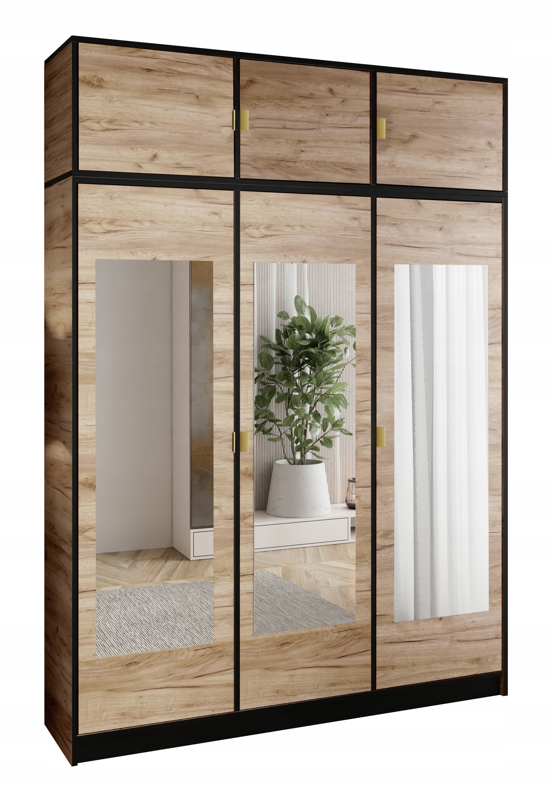 Skříň Třídveřová Lumi 157 3D Dub C. Nadstavba 3X Zrcadla Dior Držák Zlatý