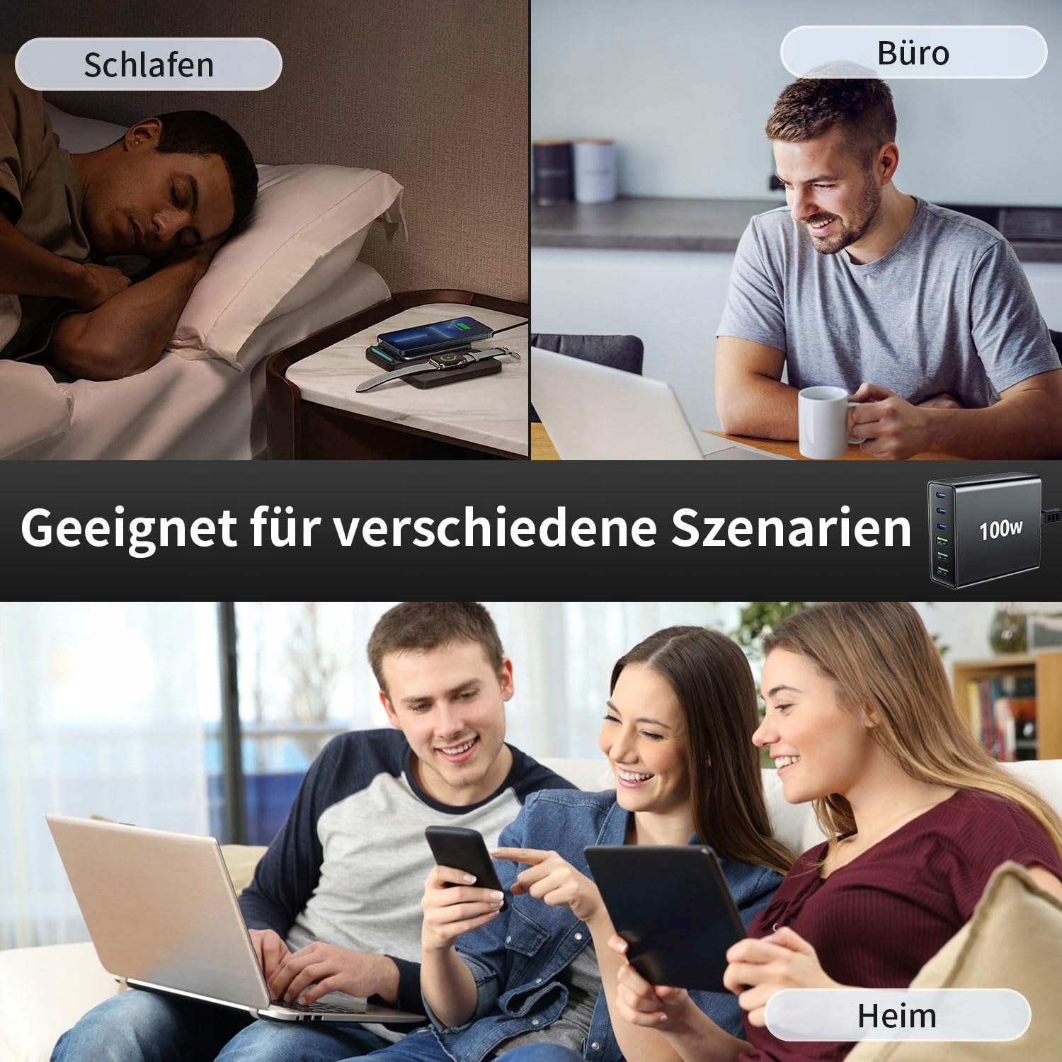 HSSNS Ładowarka USB C 100W 6-Port Szybkie Ładowanie iPad iPhone Smartfony — miniatura 5