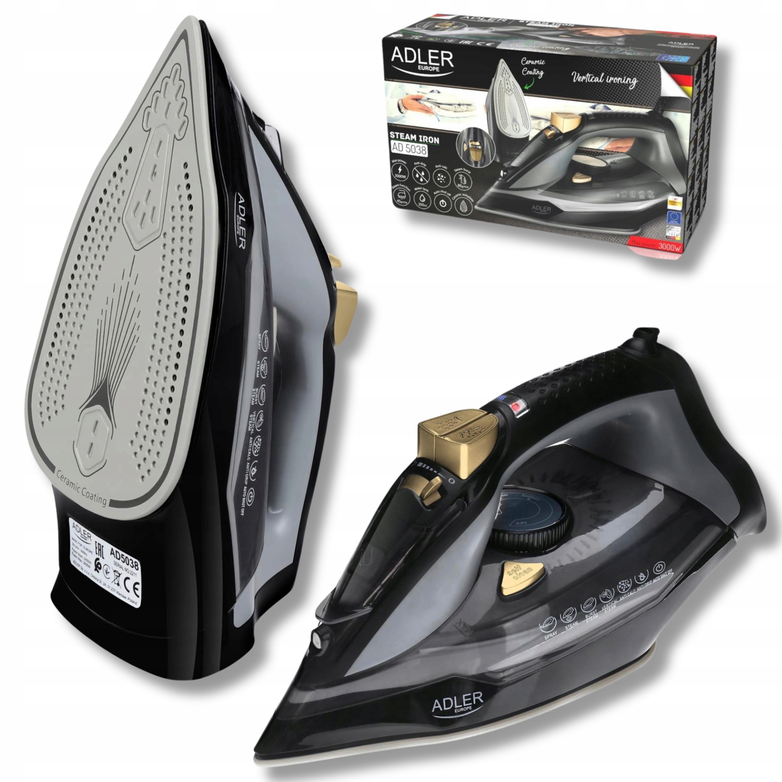 Żelazko Parowe Adler AD 5038 3000W 5 Funkcji Ceramiczna Stopa