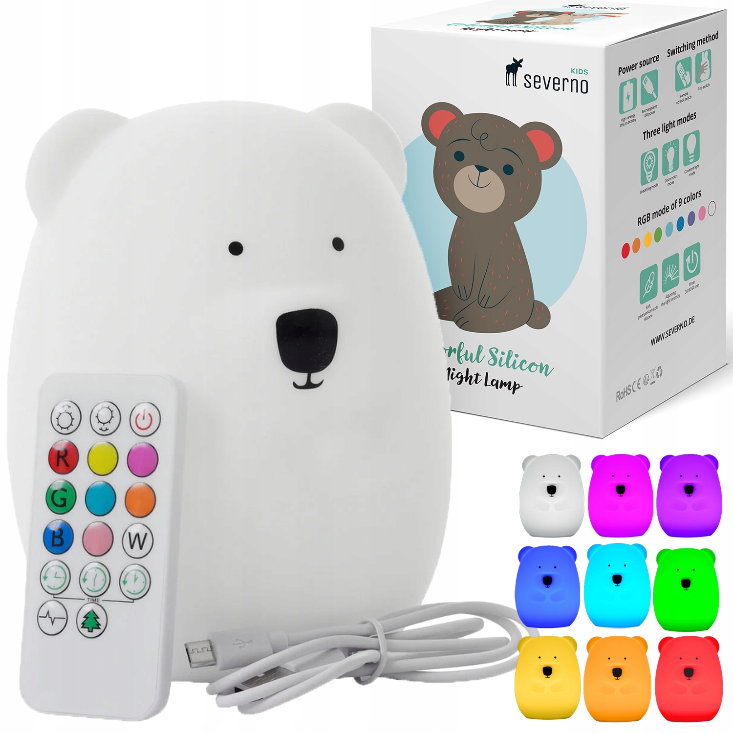 Silikoninė naktinė lemputė vaikams RGB LED USB XXL su nuotolinio valdymo pultu