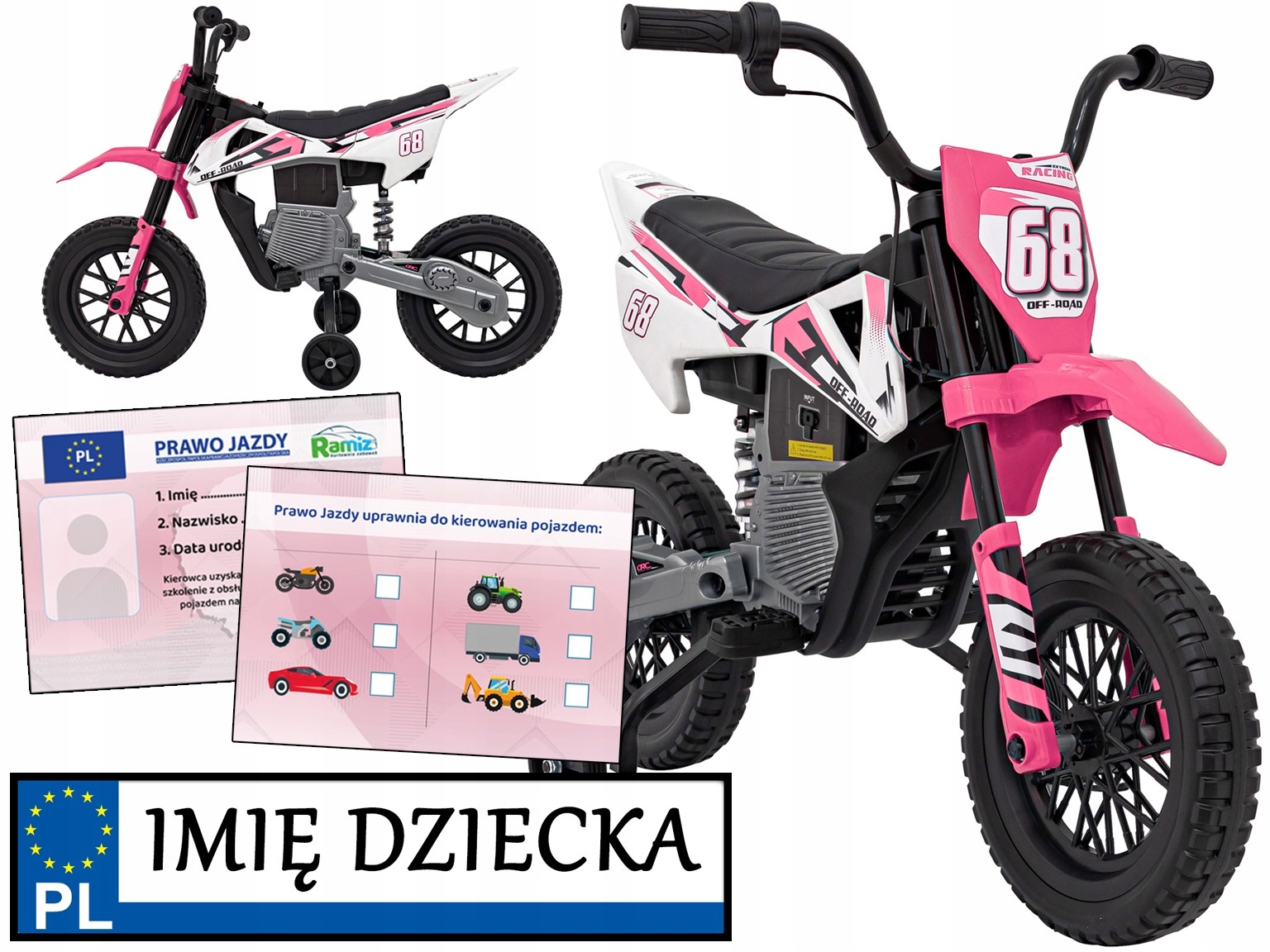 motorek dla dzieci Pantone 361C na akumulator Motor Cross tablica imienna