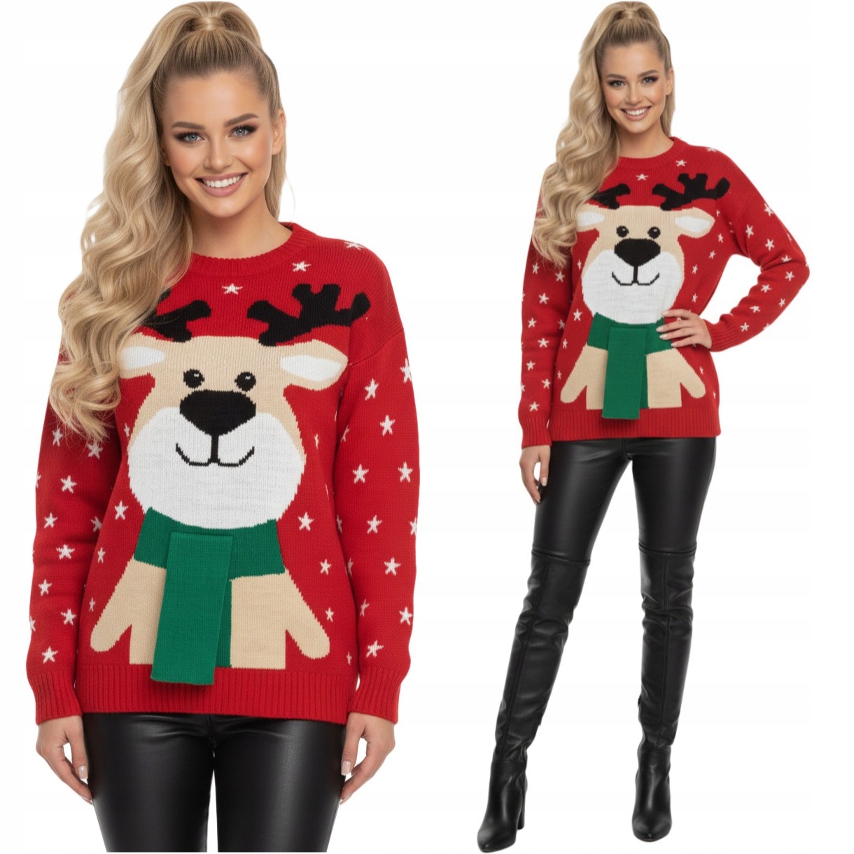 Dámský vánoční svetr se sobem a šálou 3D, červený, vánoční, velikost Xs