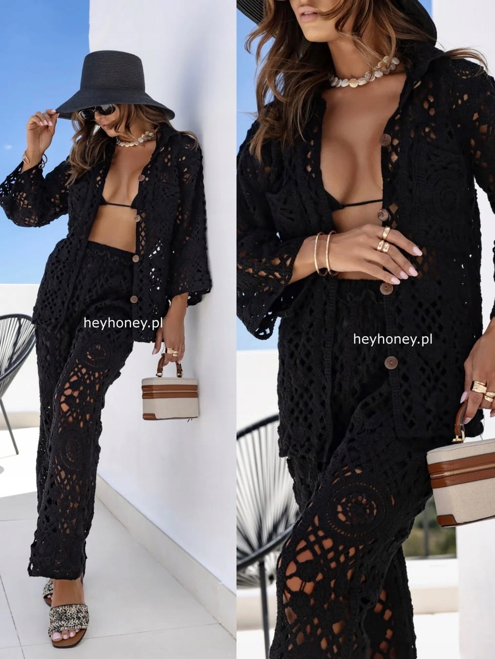 Ažurový komplet košile a kalhot Černá Boho Essence M/L