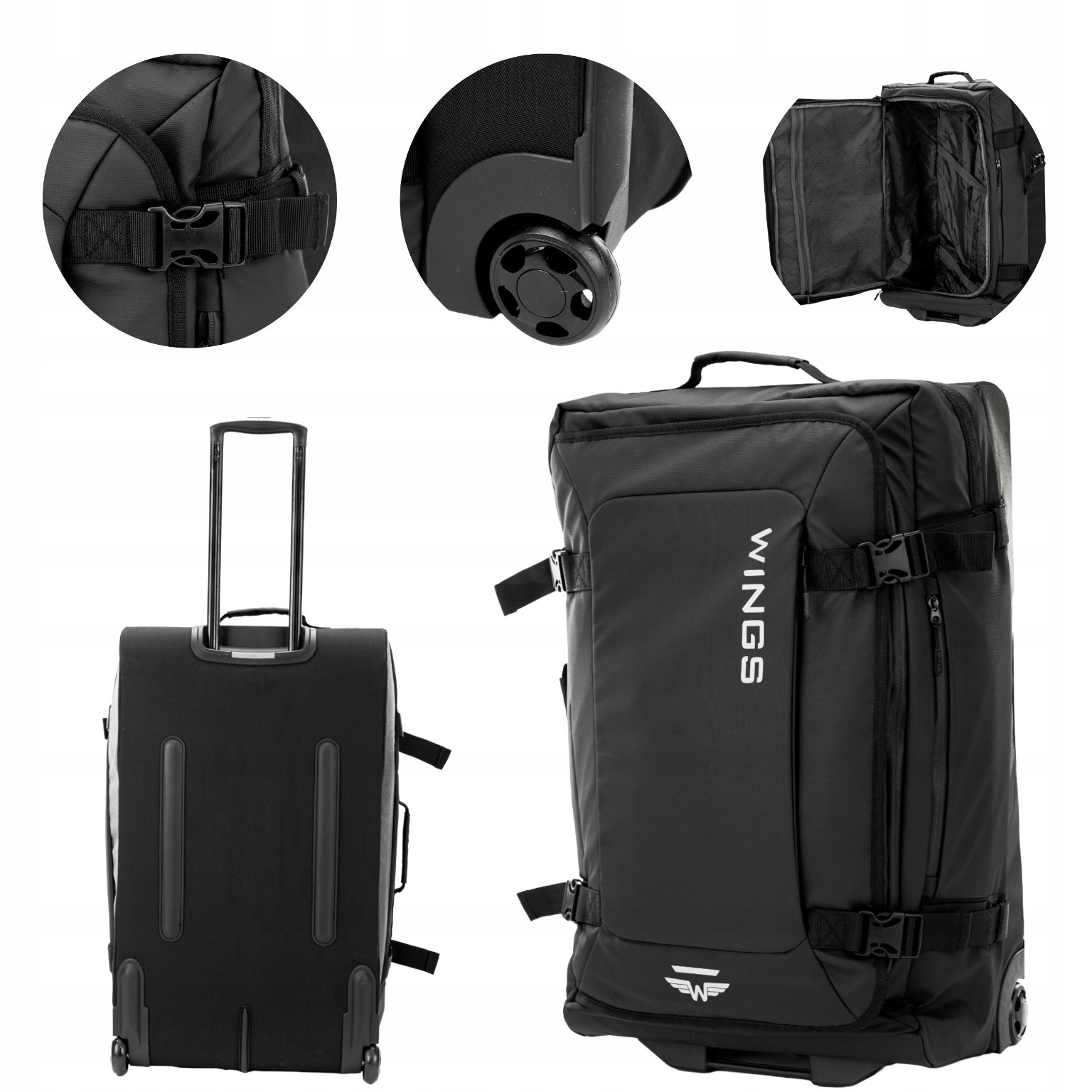 Kufr Wings měkký velký 28" Rook černý 2 kolečka Nastavitelná rukojeť prostorná