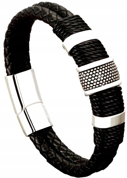 

Skórzana Męska czarna Bransoletka stal szlachetna